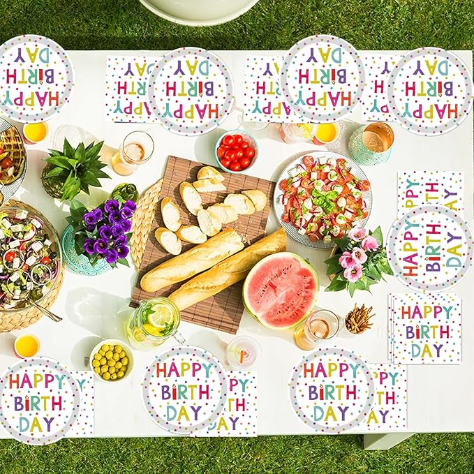 40 Pcs Birthday Plates and Napkins Party Supplies,9-inch Disposable Happy Birthday Dots Dinner Paper Tableware Set for Baby Shower,Party Decoration Serves 20