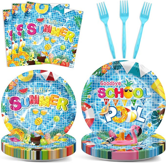 OBUSATT 96 Pcs Goodbye School Hello Pool Party Supplies Summer Beach Paper Plates Napkins Summer Vacation Dinnerware Party Decorations Favor for End of School Year Serves 24