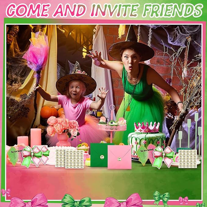 Marspark 25 Set Witch Theme Party Favors Green and Pink Bow Invitations with Stickers Envelope Witch Birthday Party Decorations Wizard Magical Theme Holiday Supplies, 5 x 6 Inch