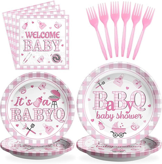 96 Pcs BBQ Baby Shower Decorations It's A BabyQ Paper Plates and Napkins Disposable Pink Gingham Baby Q Party Tableware Set for Girls Barbecue Baby Shower Gender Reveal Picnic Party Supplies Serves 24