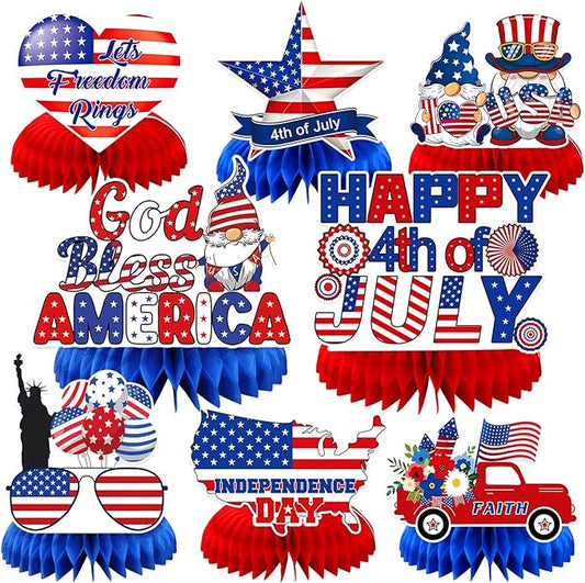 JULMELON 8PCS 4th of July Table Decorations Honeycomb Centerpieces, 3D Double Sided Fourth of July Centerpieces for Tables Patriotic Decor Independence Day Party Supplies