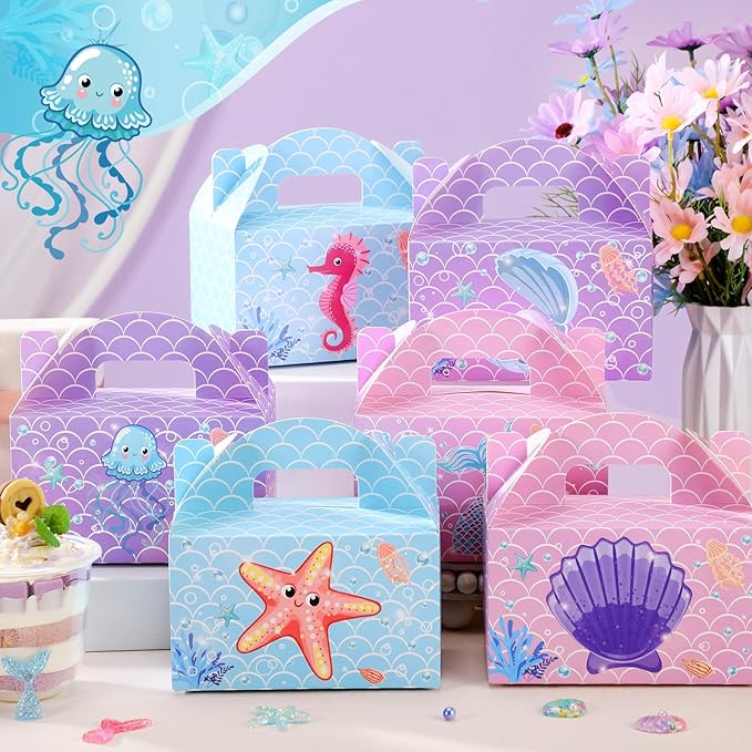 Dunzoom 24 Pcs Mermaid Party Favors Treat Boxes Shell Pearl Mermaid Goodie Bags Candy Gift Bags Ocean Gable Box with Handles for Girls Under The Sea Birthday Party Supplies