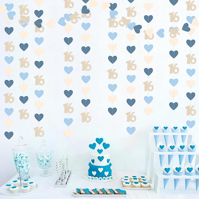 Champagne Gold Blue 16th Birthday Decorations Champagne Gold Dusty Blue Heart Garland Streamer Banner Backdrop for Girls Happy 16th Birthday Sweet 16 Decorations Cheers to 16 Years Old Party Supplies