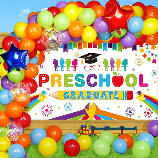 Oudain Kindergarten 2026 Graduation Party Decorations Kit Includes Preschool Graduation Backdrop and Balloon Garland for 2026 Pre Elementary Celebration Decoration Party Supplies(White)