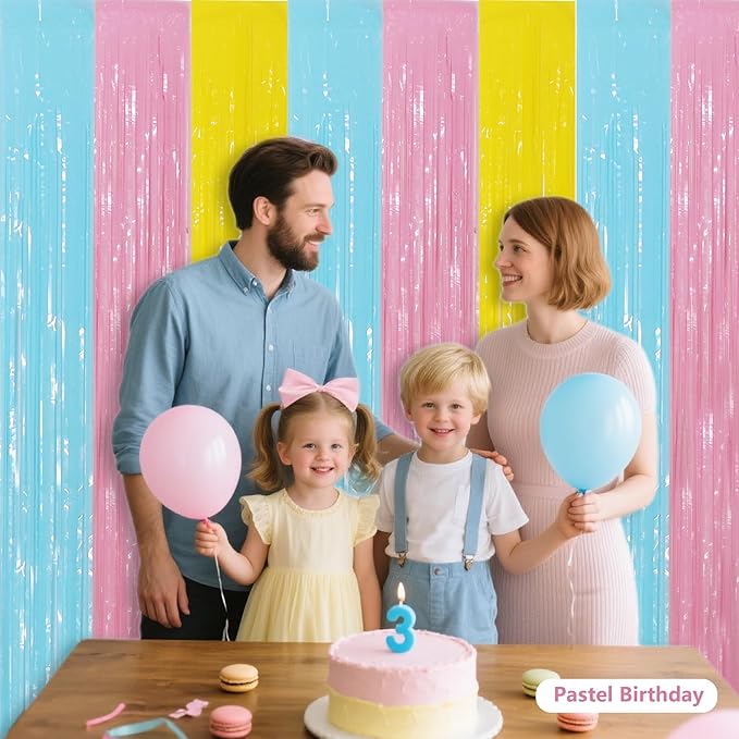 BEISHIDA 3Pcs Pastel Color Door Streamer Backdrop Foil Fringe Tinsel Curtains Backdrops for Birthday Baby Shower Party Decoration (3.28 ft x 6.56 ft)