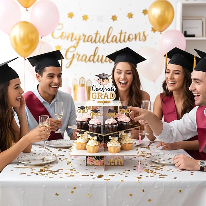 Haooryx Watercolor Flower Graduation Cupcake Stand - 3 Tier Pink Floral Graduation Hat Cupcake Tower Decor Candy Dount Dessert Holder for College High School Congrats Grad Party Table Decor Supplies