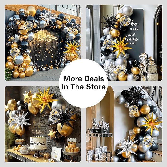 137Pcs Black Gold and Silver Balloons Garland Arch Kit with Stars - 5 10 12 18 inch Black Gold Silver Latex Party Balloons for New Year Birthday 2026 Graduation Retirement Party Decoration