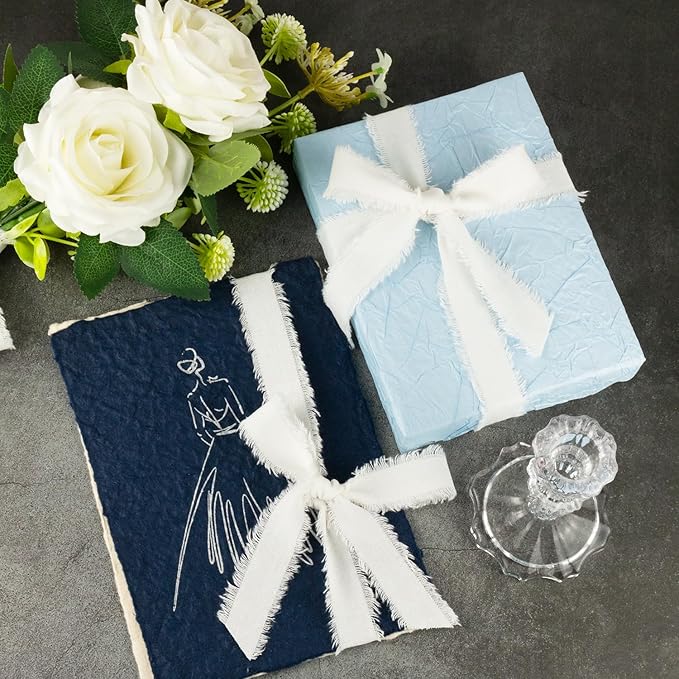 White Cotton Ribbon 5/8 Inch White 3 Rolls 21 Yards Frayed Edge Fabric Set for Wedding Invitations, Bridal Bouquet Wrap, Baby Shower, Christening & Gift Wrapping