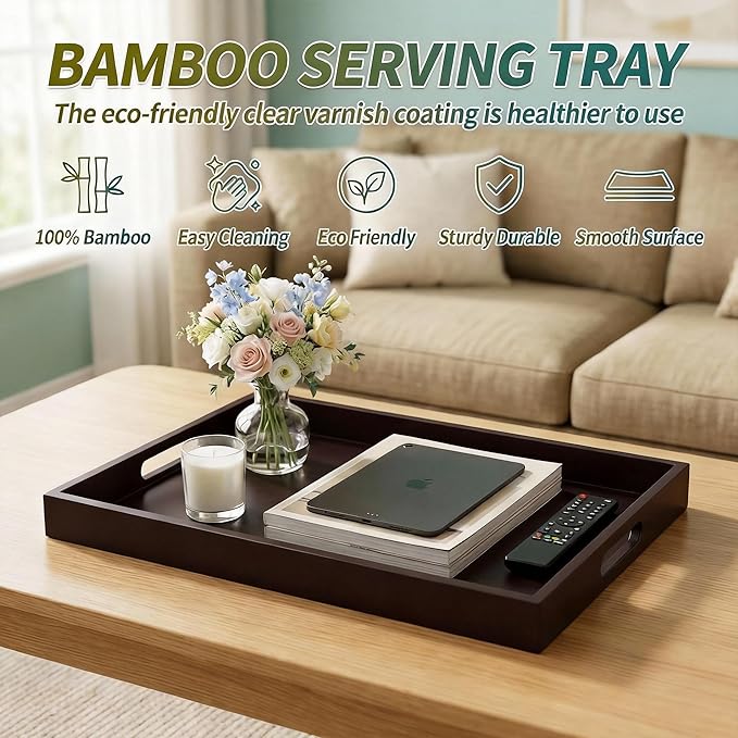 Dark Brown Bamboo Serving Tray Set of 2 with Handles, Nesting Wooden Trays for Serving Food & Drinks, Rectangular Coffee Table Ottoman Tray for Living Room Decor, Large 16.9” & Small 15.6”