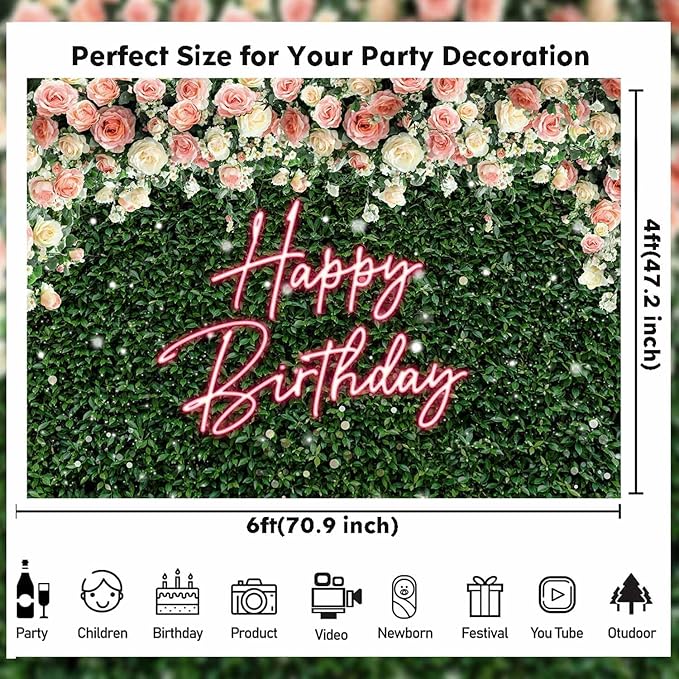 Sensfun Green Leaves Happy Birthday Backdrop for Women Greenery Grass Pink Neon Flower Wall Birthday Party Decorations Girls Rose Floral Blossom Bday Photography Background Photo Studio Shoot 6x4ft