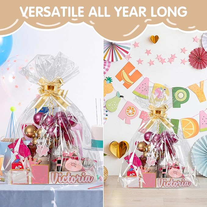 10 Pcs Extra Large Cellophane Bags 50x60 Inches for Gift Baskets, Clear Gift Basket Wrap with 10 Gold Ribbons, Food-Safe Plastic Packaging for Valentine's Day,Christmas,Weddings,Auctions