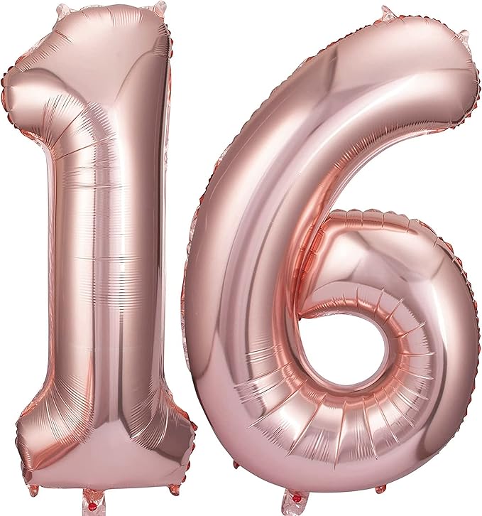 Rose Gold 16 Number Balloons Big Giant Jumbo Large Number 16 Foil Mylar Balloons for Girl Boy Men Sweet 16th Birthday Party Supplies 16 Anniversary Events Decorations-40 inch