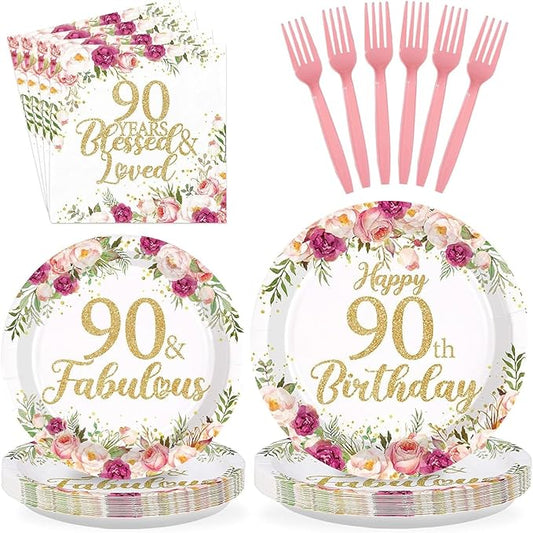 96Pcs 90th Birthday Decorations for Women Rose Gold Floral Party Plates and Napkins Disposable 90th Birthday Gifts Tableware Set for Women Fabulous Party Decorations Serves 24