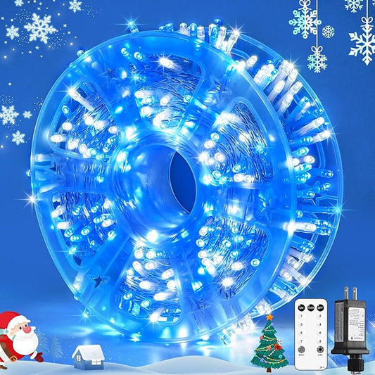 JMEXSUSS 400 LED Christmas Lights Indoor Outdoor, 132 ft 8 Modes Blue and White String Lights Plug in with Remore, Christmas Tree Lights for Bedroom Party Outside Patio Tree Holiday Xmas Decorations