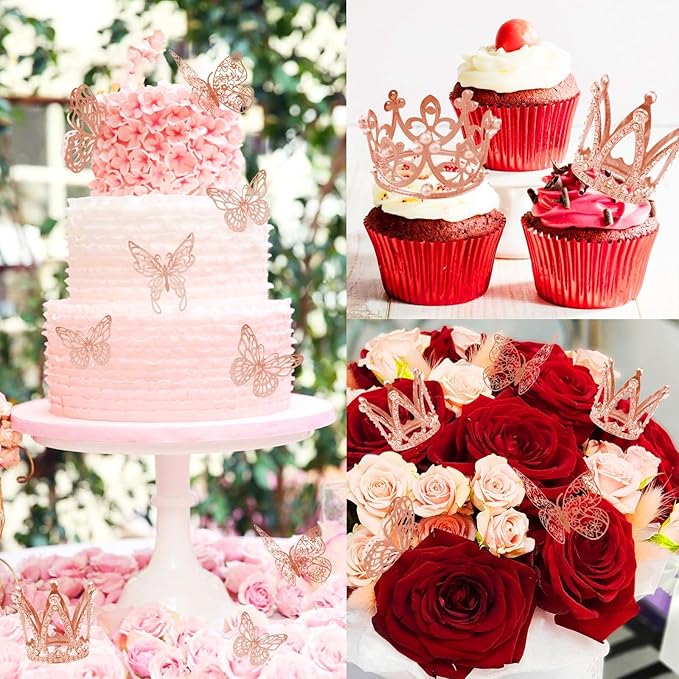 42PCS Crown Cake Topper Mini Tiara with 3D Butterfly Decoration Vintage Pearl Rhinestone Crown Cake Topper Cupcake Topper Cake Decoration for Birthday Wedding Anniversity Party Baby Shower (Rose Gold)