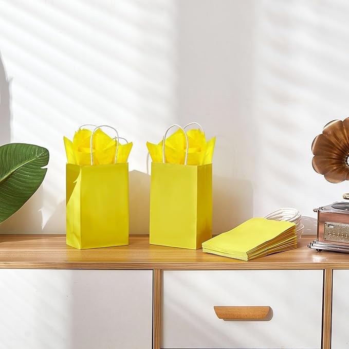 SUNCOLOR 24-Pack Yellow Paper Gift Bags with Handles, 7.9x5.12x3.15 Inches,Small Kraft Paper Bags, Includes Tissue Paper for Parties, Birthdays, Easter, Baby Showers