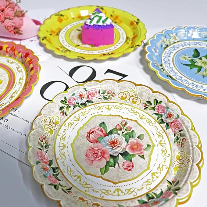 102-Pack Floral Paper Plates, Tea Party Decorations, 7 Inch Disposable Floral Plates for Tea Party, Baby Shower, Bridal Shower, Birthday, Wedding and Any Celebration
