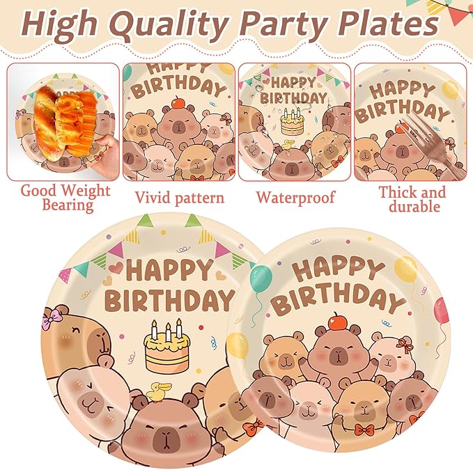 96Pcs Capybara Birthday Party Decorations Capy Birthday Tableware Set Cute Cartoon Animals Disposable Paper Plates Napkins Capybara Party Supplies for Kids Baby Shower Favors Table Decor Serves 24