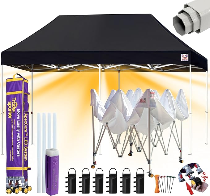 Tradesparker 10x20 Pop Up Canopy Tent,Commercial Movable Canopy with ApexCore LED&Rugged Casters-Instant Easy Setup Shelter Canopies with Weight Bags&Stakes for Outdoor Events Markets Vendors,Black
