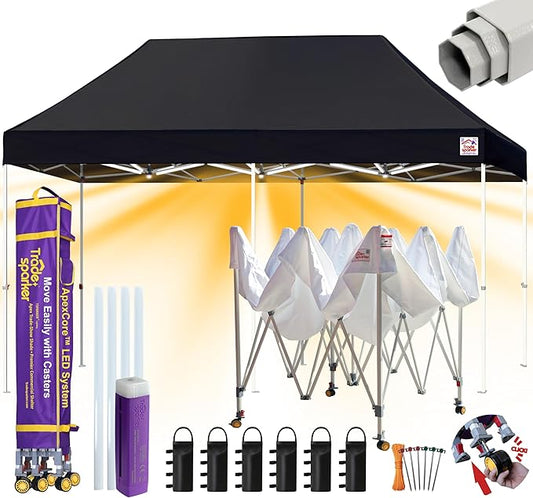 Tradesparker 10x20 Pop Up Canopy Tent,Commercial Movable Canopy with ApexCore LED&Rugged Casters-Instant Easy Setup Shelter Canopies with Weight Bags&Stakes for Outdoor Events Markets Vendors,Black