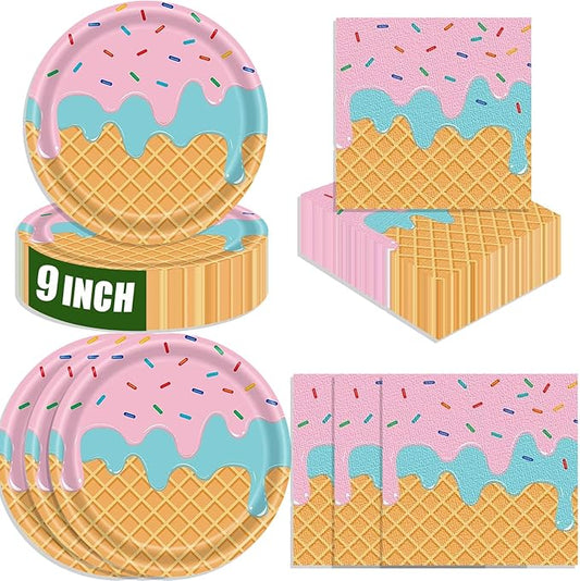 40 Pcs Ice Cream Plates and Napkins Party Supplies,Disposable Ice Cream Paper Plates and Napkins Tableware Set for Birthday Baby Shower Sweet Summer Ice Party Serve 20 Guests