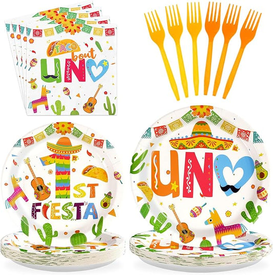 96PCS Mexican 1st Fiesta Birthday Decorations Taco Bout UNO Plates and Napkins Disposable Fiesta First Birthday Decorations Favors for Mexico Theme One Year Old Cinco De Mayo Party Supplies Serves 24