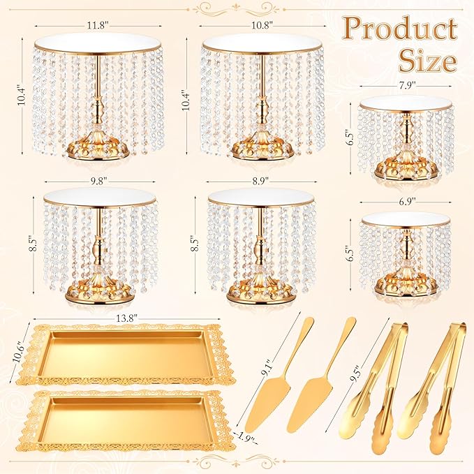 12 Pieces Gold Cake Stand Set, Vintage Cake Display Stand with Crystal Edge and Cupcake Display Tray, Dessert Table Display Set for Wedding Party Baby Shower Anniversary Celebration