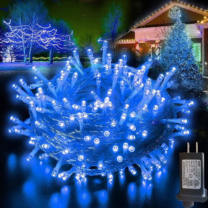 Pooqla Christmas Blue String Lights, 200 LED Clear Wire Indoor and Outdoor Lights