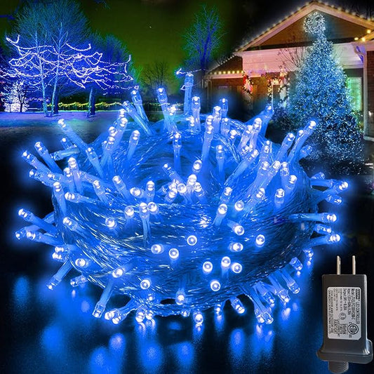 Pooqla Christmas Blue String Lights, 200 LED Clear Wire Indoor and Outdoor Lights