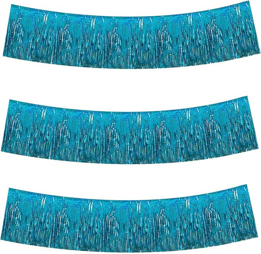 BEISHIDA 3 Packs Metallic Foil Fringe Garland Laser Lake Blue Wall Hanging Tinsel Fringe Banners for Car Floats Bridal Shower Wedding Birthday Easter Graduation Holiday Party Decoration(30 Feet)
