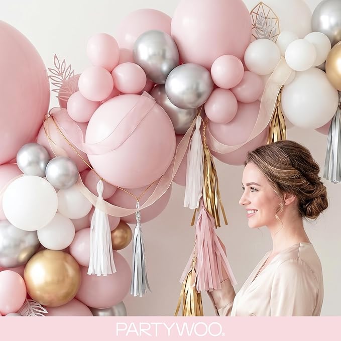 PartyWoo Pale Pink Balloons 140pcs Different Sizes of 18 12 10 5 Inch Light Pastel Baby Pink Balloon Arch Kit for Engagement Bachelorette Baby Shower Easter Birthday Party Decorations Pink-Q01