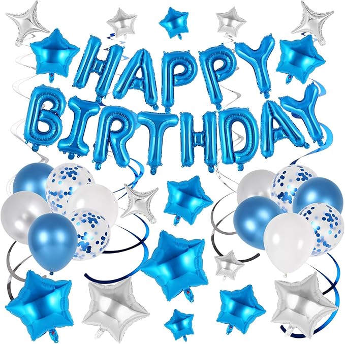 55 Pcs Happy Birthday Balloons Letters Banner with 35 Pcs Star Foil Balloon, 20 Pcs Latex Balloons, 6 Hanging Swirls for Women Men Boys Girls Birthday Party Decorations Set ﻿ (Blue)