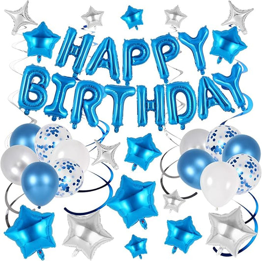 55 Pcs Happy Birthday Balloons Letters Banner with 35 Pcs Star Foil Balloon, 20 Pcs Latex Balloons, 6 Hanging Swirls for Women Men Boys Girls Birthday Party Decorations Set ﻿ (Blue)
