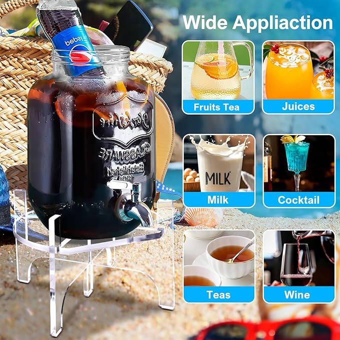 1 Gallon Glass Drink Dispenser with Acrylic Stand, Airtight & Leakproof Lemonade Sun Tea Jar with Lid and Spigot, Beverage Dispenser for Parties, Weddings, Lemonade & Laundry Detergent Dispenser