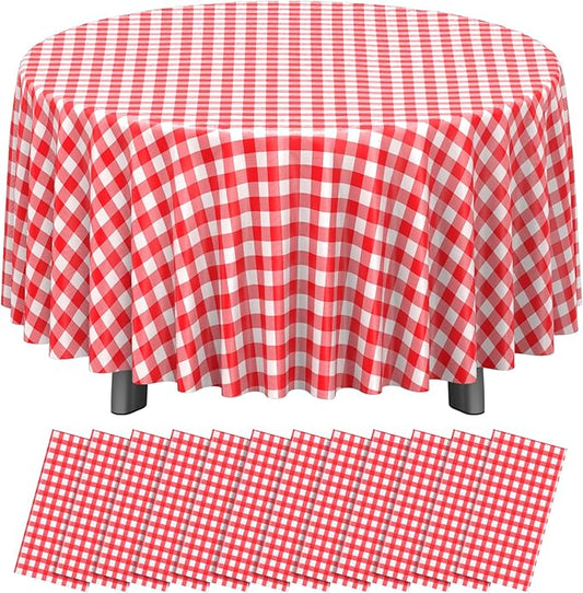 12 Pack Red and White Plastic Checkered Tablecloth Round, Premium Decorative Disposable Red Gingham Plaid Table Cloths for Parties, Round Party Table Cover for Picnic Farm Birthday Wedding, 84 Inch