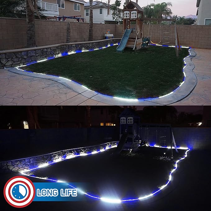 Russell Decor 150ft White Blue LED Rope Lights with 4-Level Dimmable Controller Outdoor Decorative Lighting for Christmas Winter Snow Wedding Party Theme