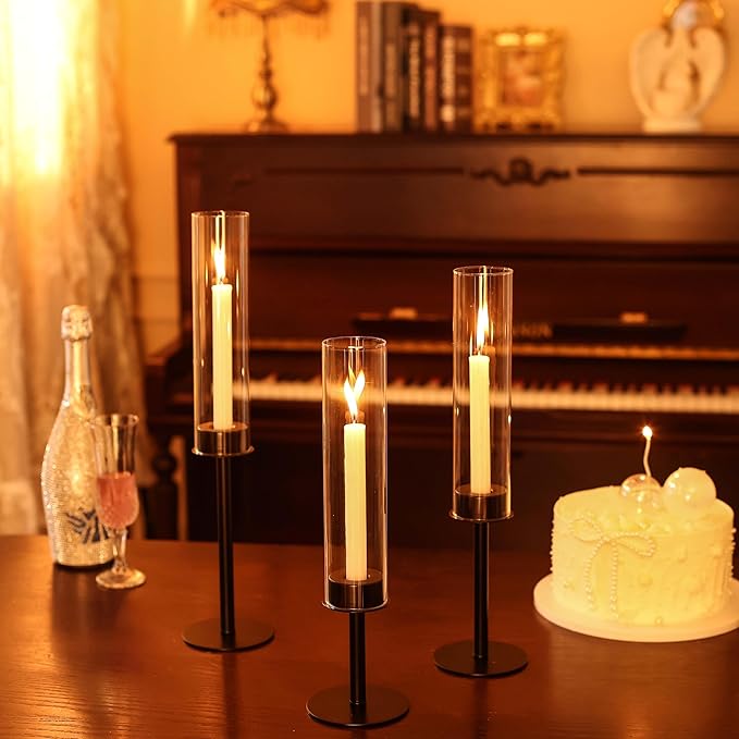 Black Candle Holders 3pc Hurricane Candlestick Holders,Taper Candle Holders with Glass Candle Cover for Wedding Table Centerpiece Decoration Christmas Party