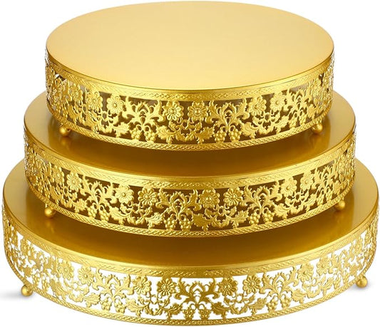 Wenqik 3 Pcs 12/14/16 Inch Gold Cake Stand Set, Metal Round Cake Dessert Display Holder Stand Plates for Wedding Birthday Baby Shower Housewarming Party Celebration