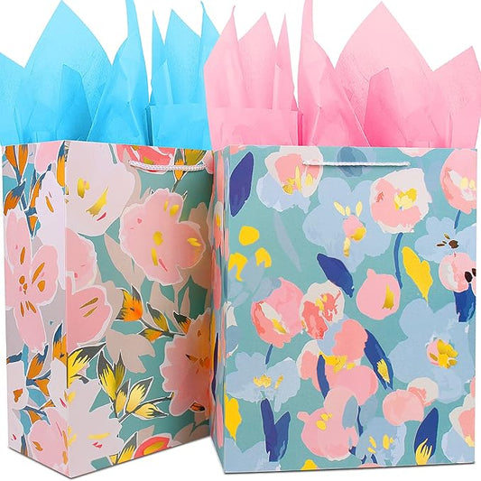 Large Gift Bag for Women Girl Her with Tissue Paper,Elegant Birthday Gift Bags with Flower Foil Gold Marking,Big Gift Bag Birthday Gift Wrap Bag Present Bag for Mother's Day Anniversarie Any Occasion