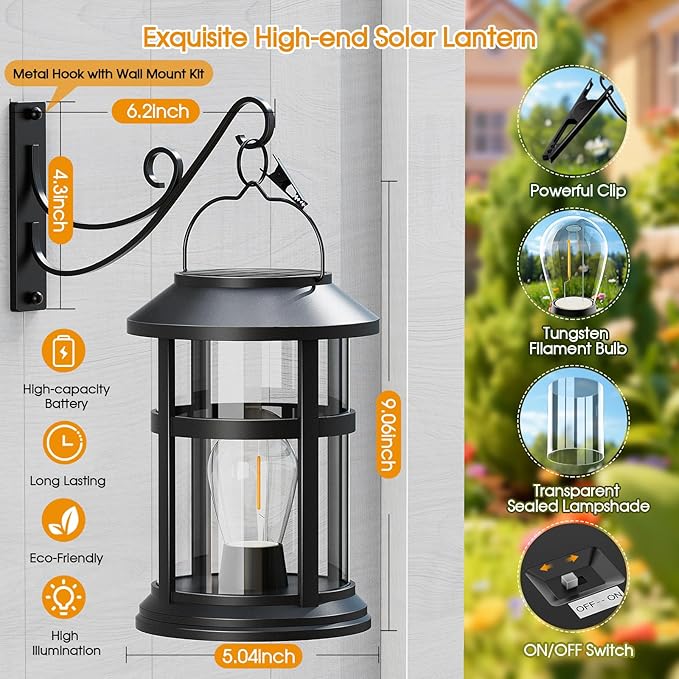 GARPAR Solar Lanterns Outdoor Waterproof with Wall Mount Kit, Upgraded Brighter Hanging Solar Lights for Outside, Auto On/Off Solar Powered Lantern for Garden Yard Patio Porch Decor, Gift for Mom