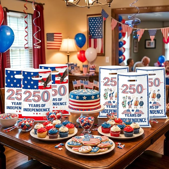Andi Cppss 250 Years Party Favor Bags - 50PCS 250 Years Patriotic Theme Plastic Gift Bags with Handles 4th of July Goodie Treat Snack Candy Bag for Independence Memorial Day Party Supplies Decorations