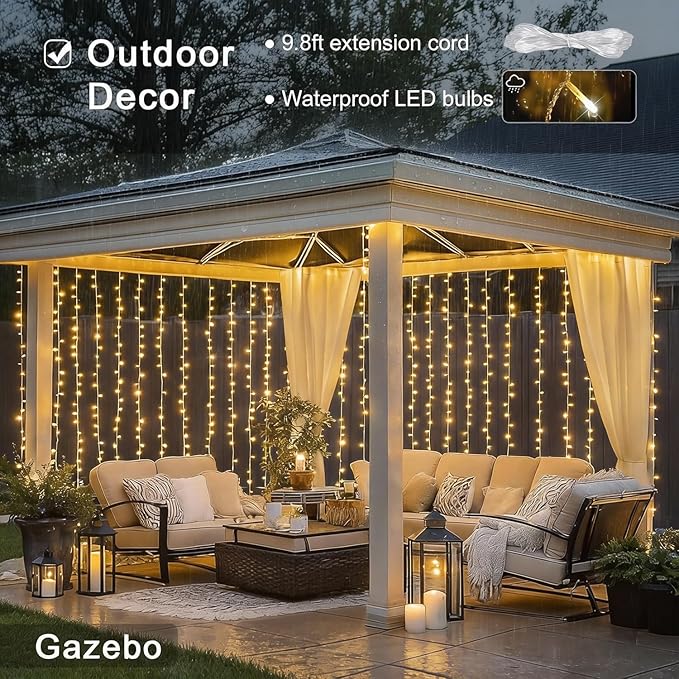 JMEXSUSS 300 LED Remote Control Curtain Lights, Plug in Fairy Curtain Lights Outdoor, Window Wall Hanging String Lights for Bedroom Indoor Dorm Backdrop Wedding Party Patio Christmas Decor, Warm White