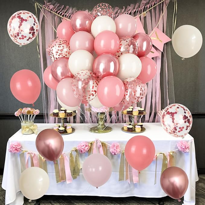 Dusty Pink Balloon Set, 60Pcs 12 Inch Retro Blush Pink White Sand Nude Latex Balloon with Metallic Confetti Rose Pink Helium Balloon for Girls Women Birthday Party Baby Shower Boho Decoration Supplies