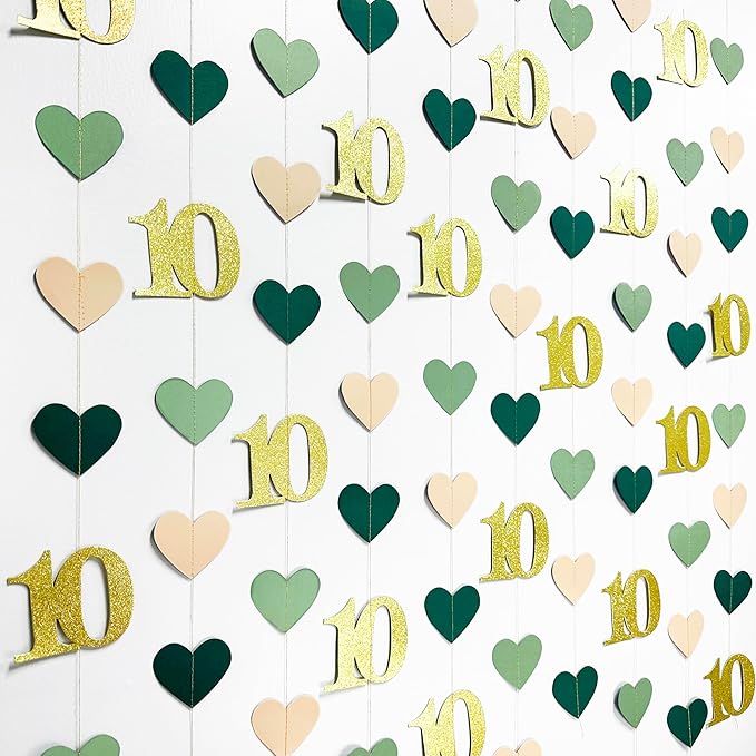 Sage Green Gold 10th Birthday Decorations Sage Green Gold Heart Garland Streamer Banner Backdrop for Girls Happy 10th Birthday Double Digits I'm 10 Cheers to 10 Years Old Anniversary Party Supplies
