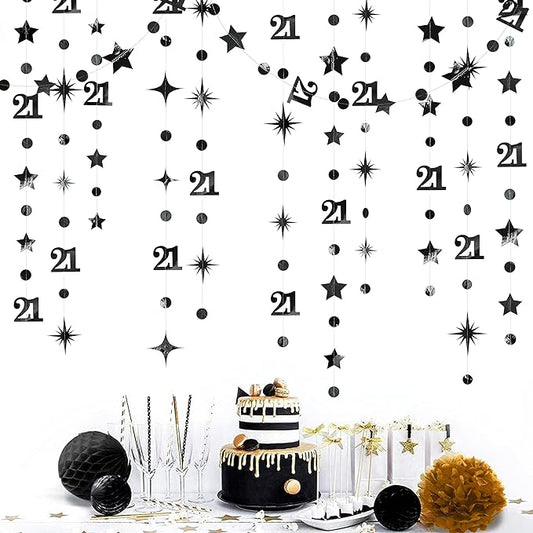 Black Number 21 Circle Dot Twinkle Star Garland Metallic Hanging Streamer Bunting Banner Backdrop Decoration for Girls Boys 21st Birthday Finally Legal Twenty One Anniversary Wedding Party Supplies