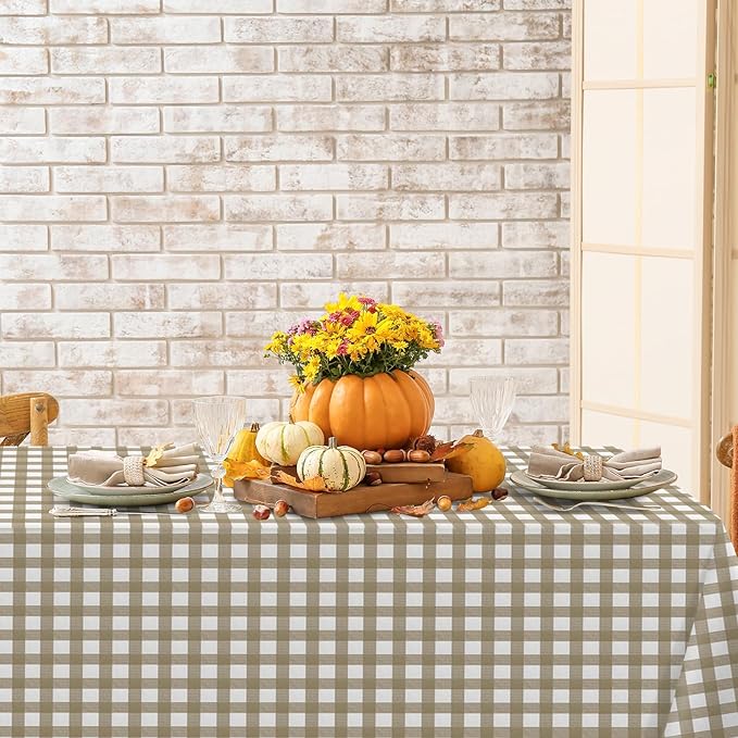 12 Pack Brown and White Plastic Checkered Tablecloth, Premium Decorative Disposable Tan Gingham Plaid Table Cloths for Parties, Rectangle Party Table Cover for Picnic Farm Birthday Fall, 54x108 Inch