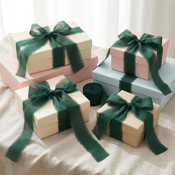 Handmade Chiffon Ribbon 1.5 Inch Wide, 3 Rolls 21 Yards, Dark Green Frayed Edge Fabric Ribbon for Botanical Wedding Decor, Floral Design & Gift Styling(Dark Green)