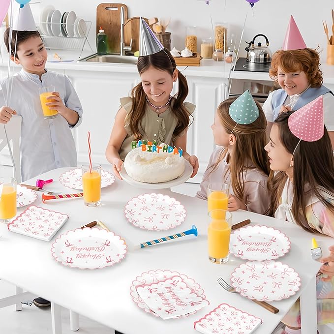 100PCS Pink Bow Party Plates and Napkins Pink Bow Birthday Tableware Set Coquette Birthday Party Supplies Serve 50 Guests for Women Birthdays Girl Bachelorette Coquette Tableware Supplies