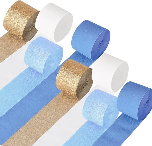 Blue Party Decorations, 8 Rolls Blue Gold Crepe Paper Streamers, for Birthday Anniversary Bridal Shower Wedding Graduation Decorations, 1.8 Inch x 82 Ft/Roll