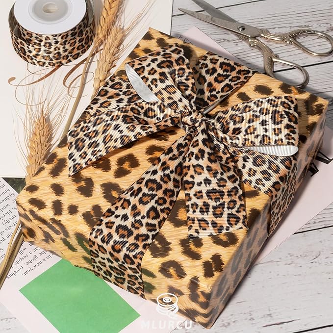 Leopard Print Ribbon Set 3 Rolls Animal Print Grosgrain Ribbons in 5/8", 7/8", 1.5", Stylish Jungle Safari Patterned Ribbon for Gift Wrapping, DIY Crafts, Hair Bows, Party Decor